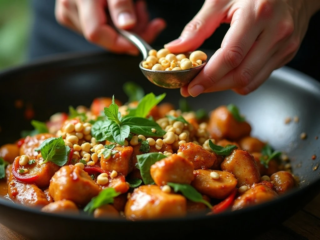 Cashews and basil folded into Thai chicken stir-fry
