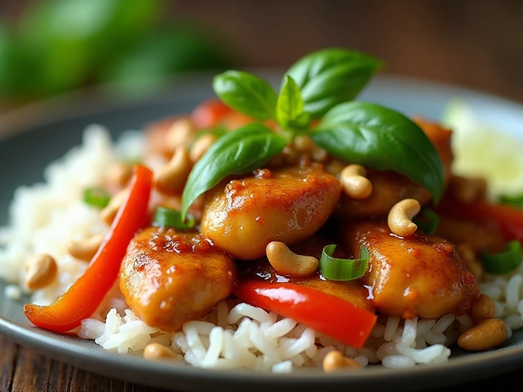 Garnished Thai lemongrass chicken with cashews and lime