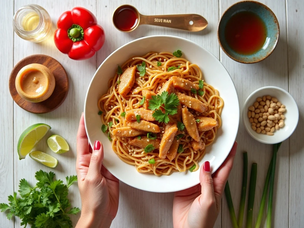 Ingredients for Thai peanut chicken and noodles arranged for cooking