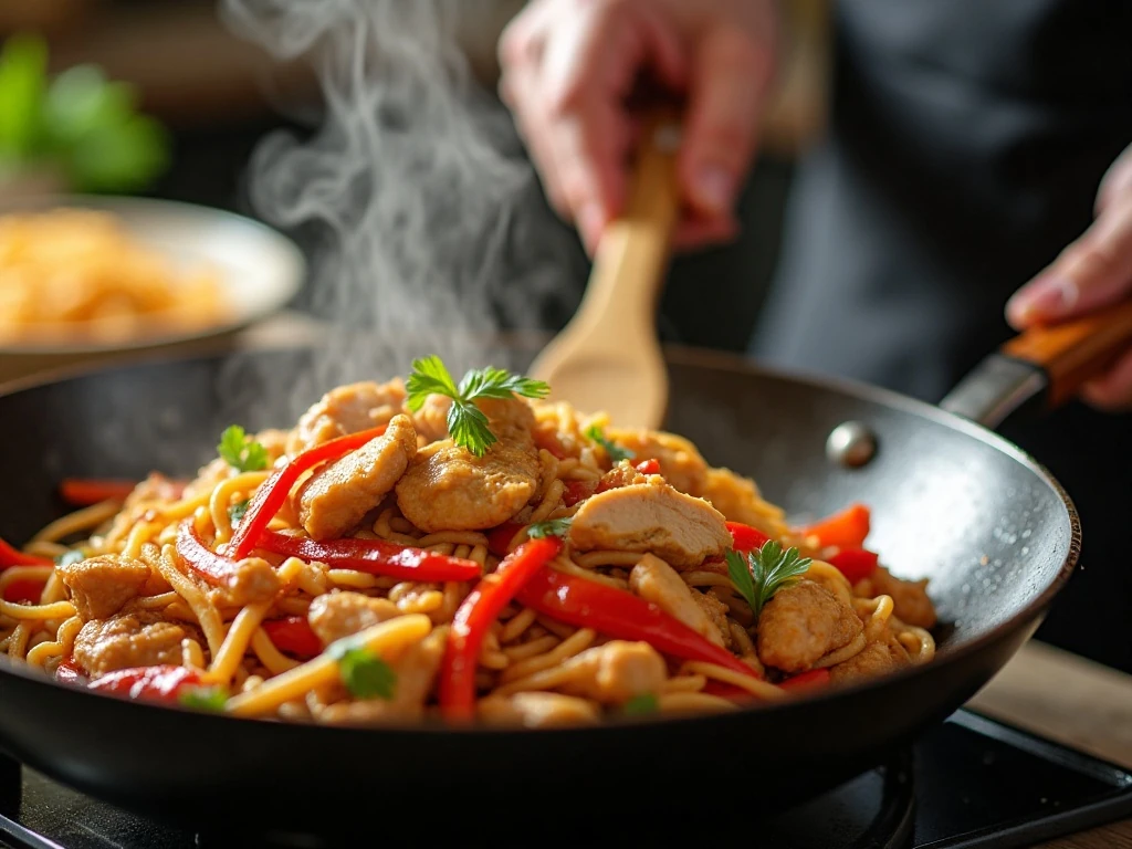 Chicken and bell pepper cooking for Thai peanut noodles
