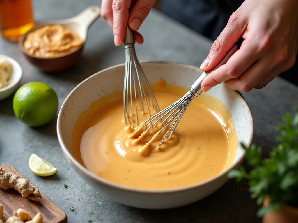 Creamy homemade Thai peanut sauce being mixed