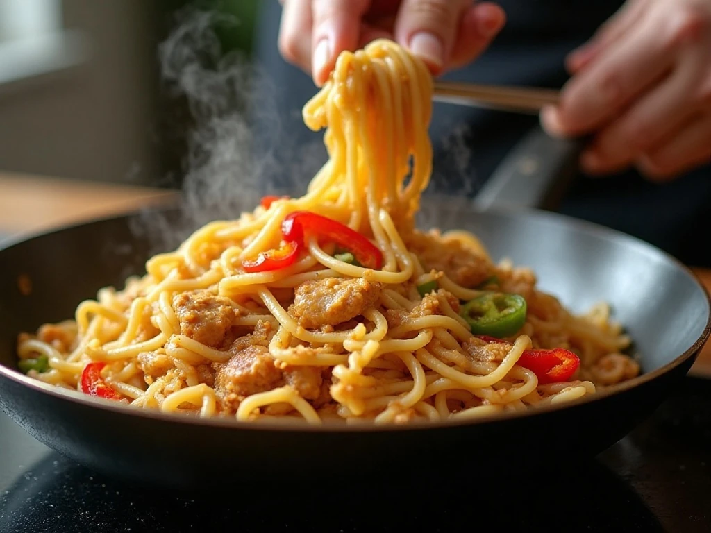 Noodles being coated with peanut sauce in a skillet