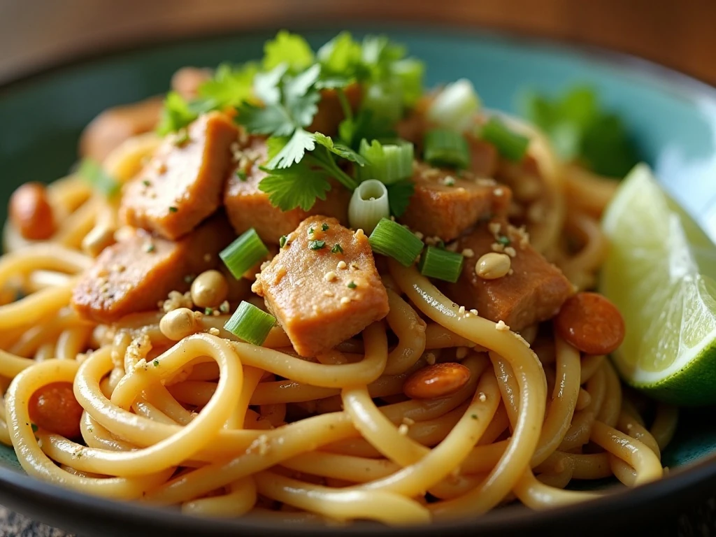 Thai peanut chicken noodles with peanuts, herbs, and lime