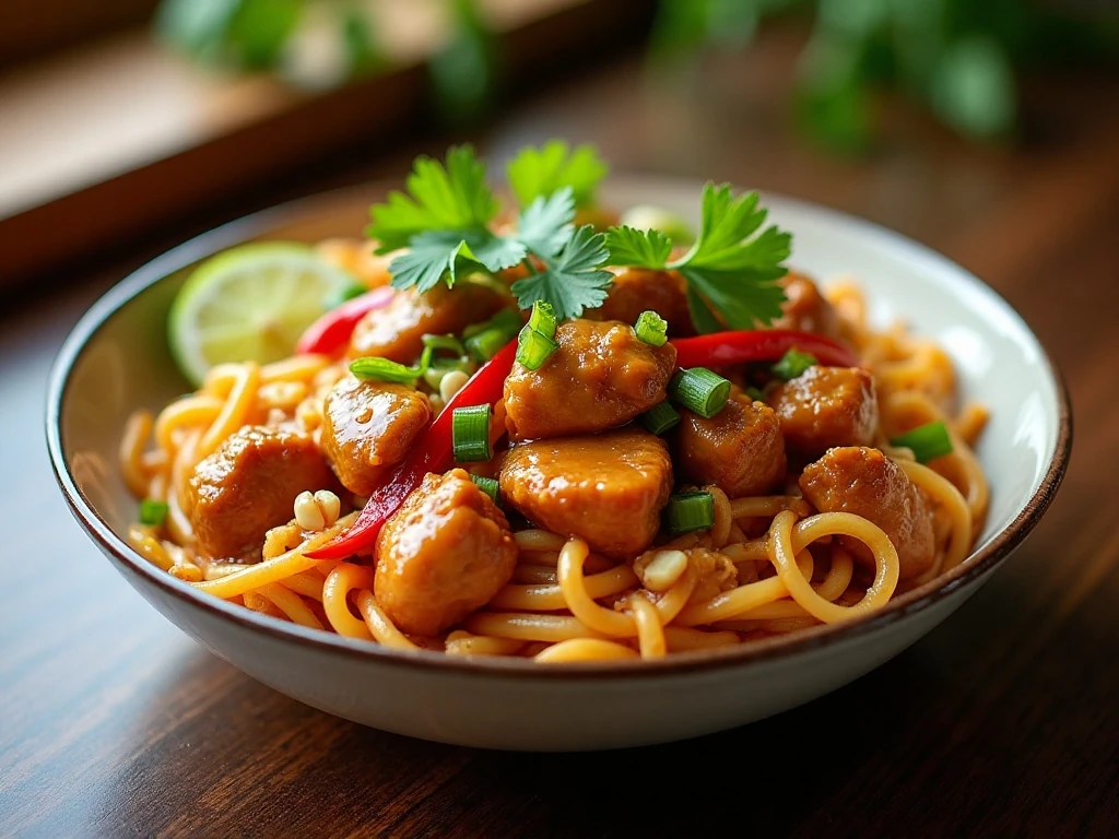 Finished Thai peanut chicken and noodles served with lime