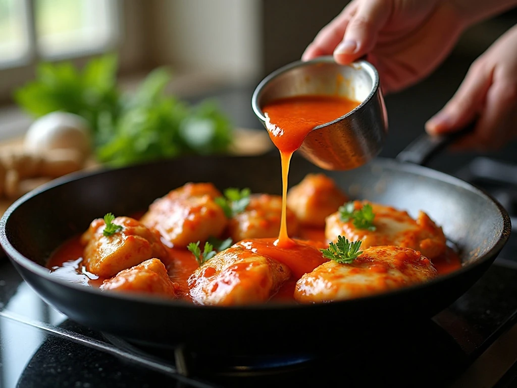 Chicken being coated with Thai sweet chili sauce in a skillet