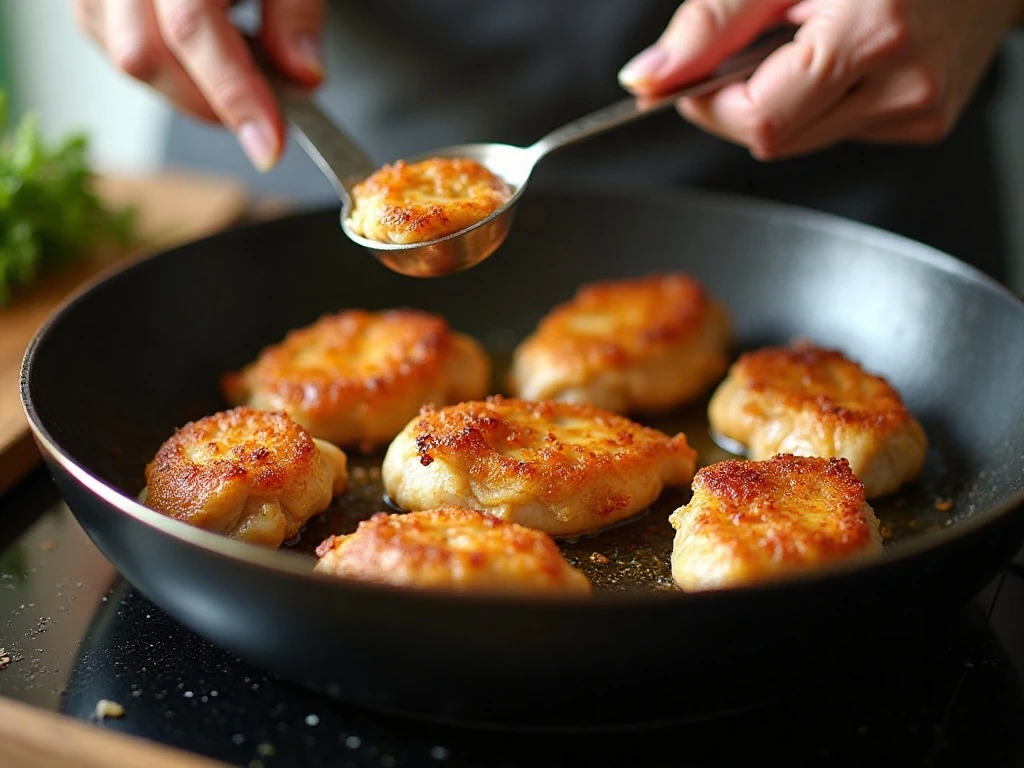 Chicken pieces searing in a single layer for Thai sweet chili chicken