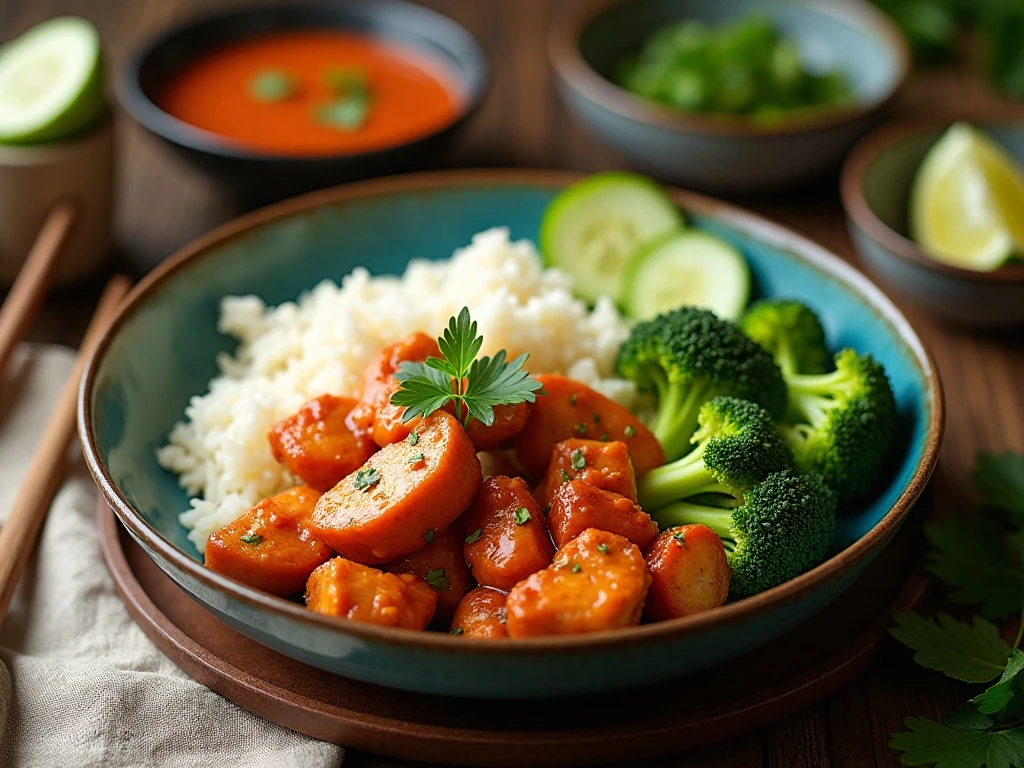 Thai sweet chili chicken dinner with rice and vegetables