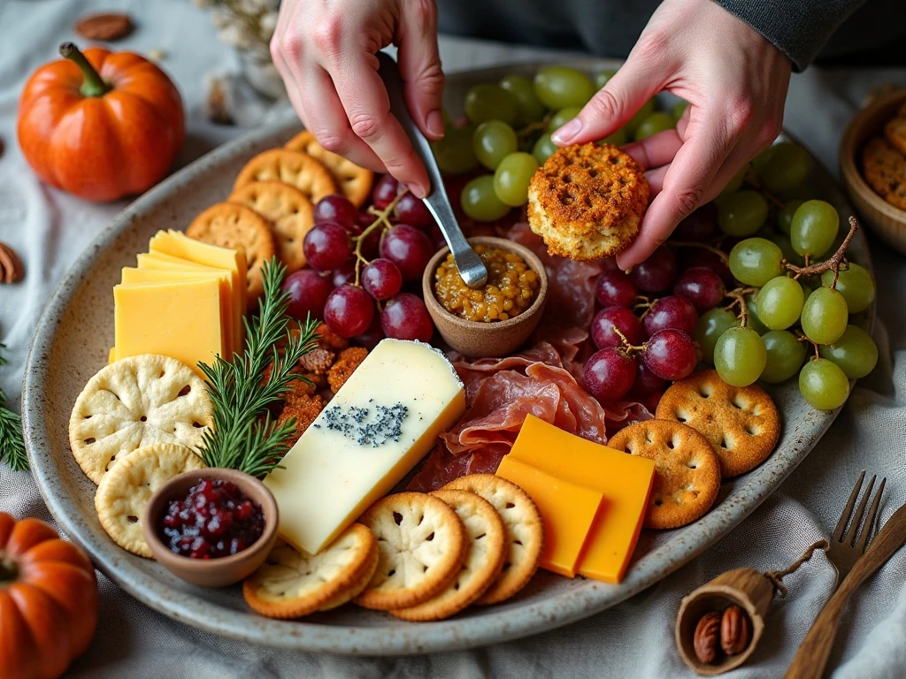 Ingredients for a Thanksgiving cracker buffet with assorted cheeses, crackers, fruit, spreads, meats, nuts, and garnishes