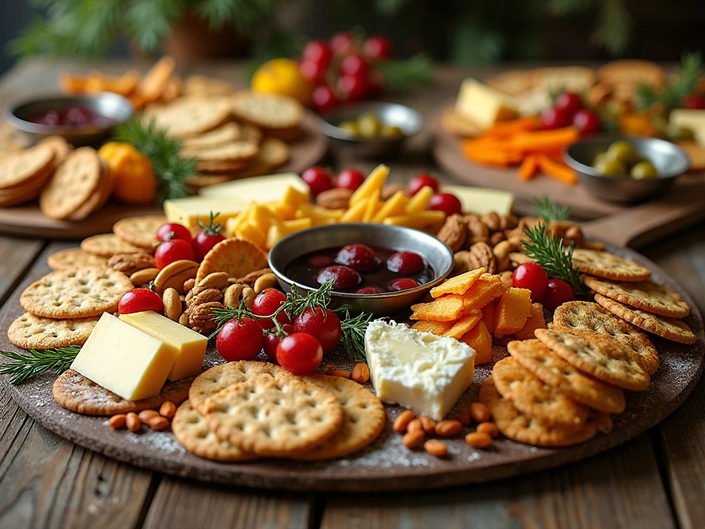 Beautifully arranged Thanksgiving cracker buffet with small groups of crackers, cheese, spreads, fruit, and garnishes