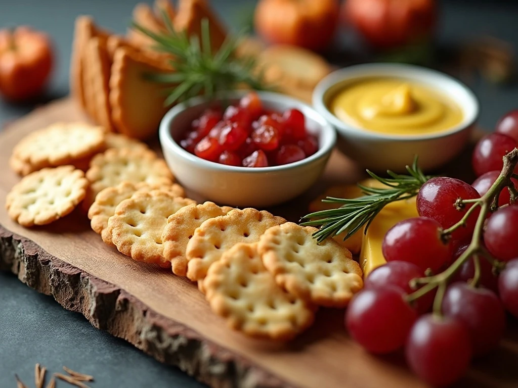 Freshly replenished Thanksgiving cracker buffet with crisp crackers, cheese, spreads, fruit, and herbs