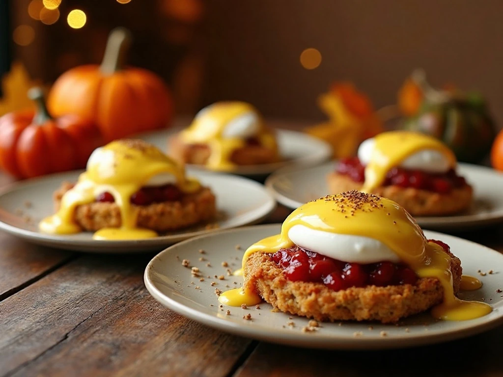 Thanksgiving Eggs Benedict with stuffing cakes, turkey, cranberry sauce, poached eggs, and hollandaise