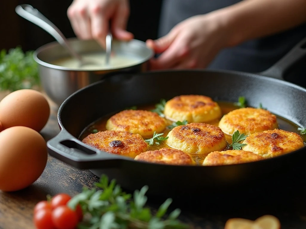 Stuffing cakes browning in a skillet for Thanksgiving Eggs Benedict