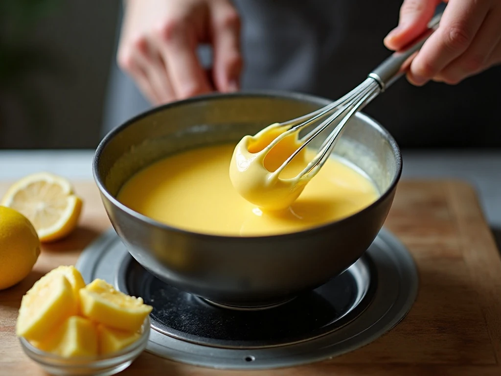 Preparing warm hollandaise sauce for Thanksgiving Eggs Benedict