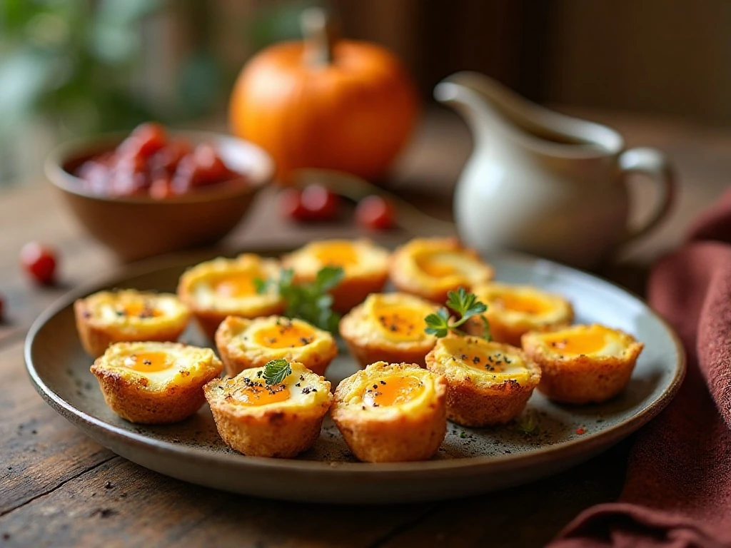 Platter of Thanksgiving leftover egg cups served with cranberry sauce and gravy