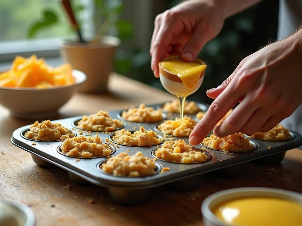 Stuffing bases being prepared in a muffin pan for leftover egg cups