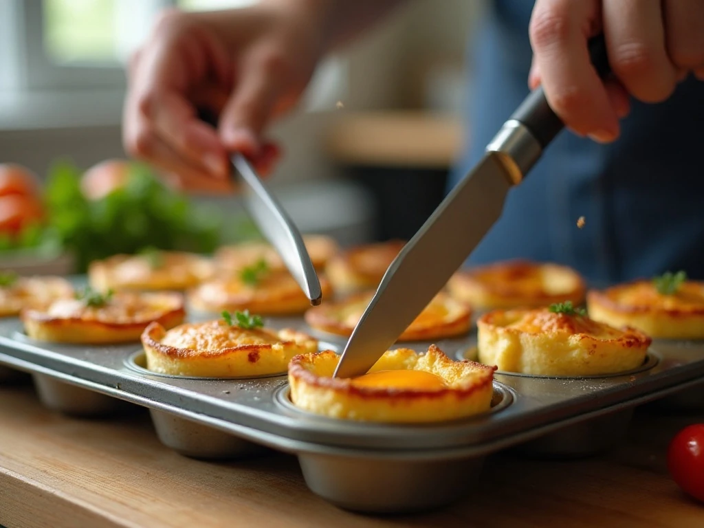Baked egg cup being loosened from a muffin tin with a thin knife