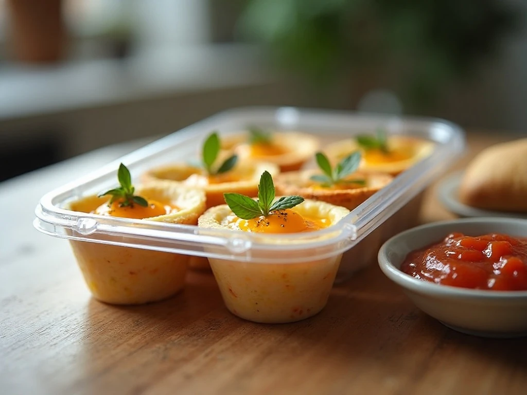 Leftover egg cups arranged for storage and reheating