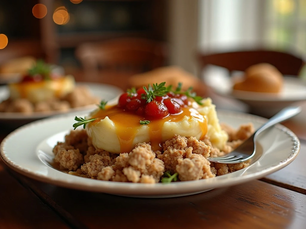 A serving of layered Thanksgiving leftovers casserole with cranberry sauce