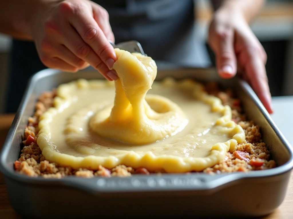 Layering mashed potatoes over turkey and gravy in the casserole dish