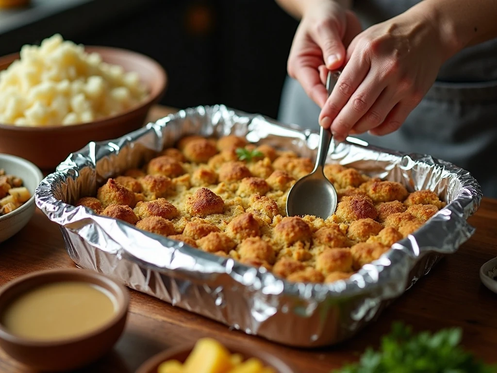 Preparing Thanksgiving leftovers casserole for covered baking
