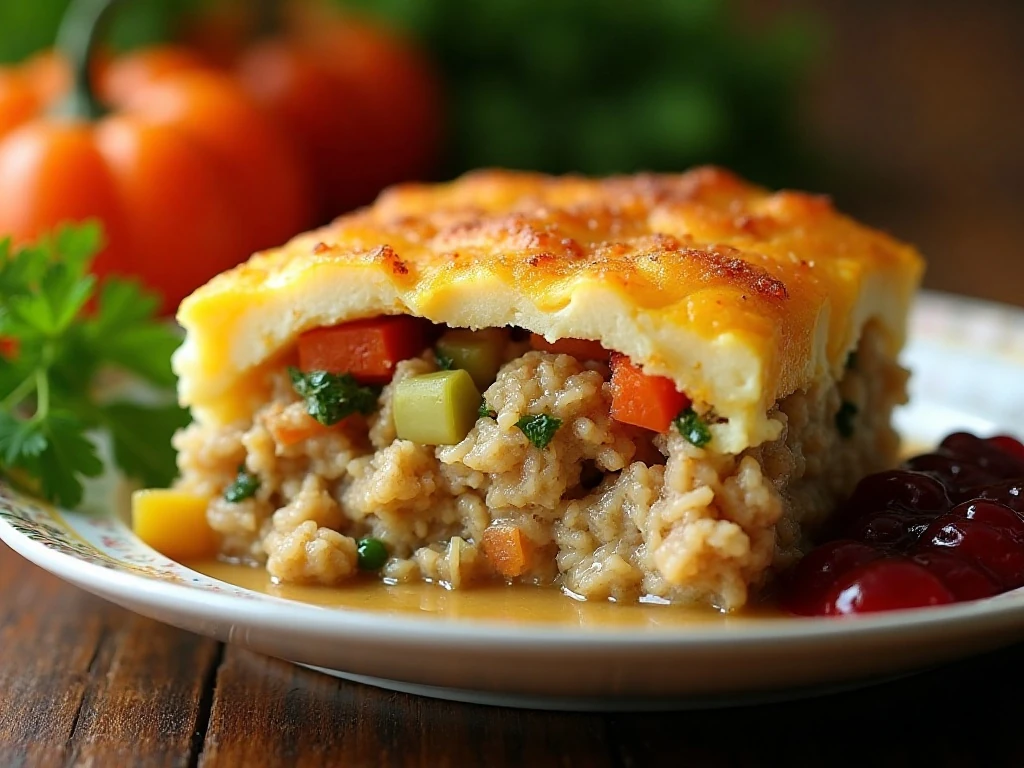 Casserole variation with vegetables, cheddar, parsley, and cranberry sauce