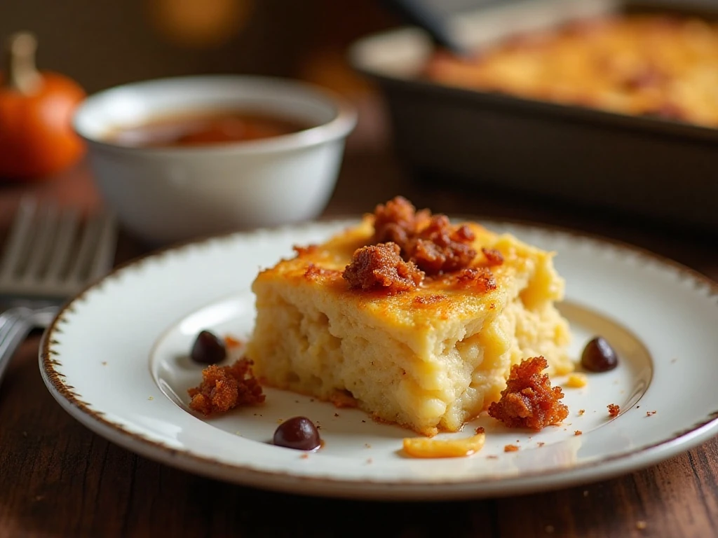 Reheated portion of Thanksgiving leftovers casserole with gravy and cranberry sauce