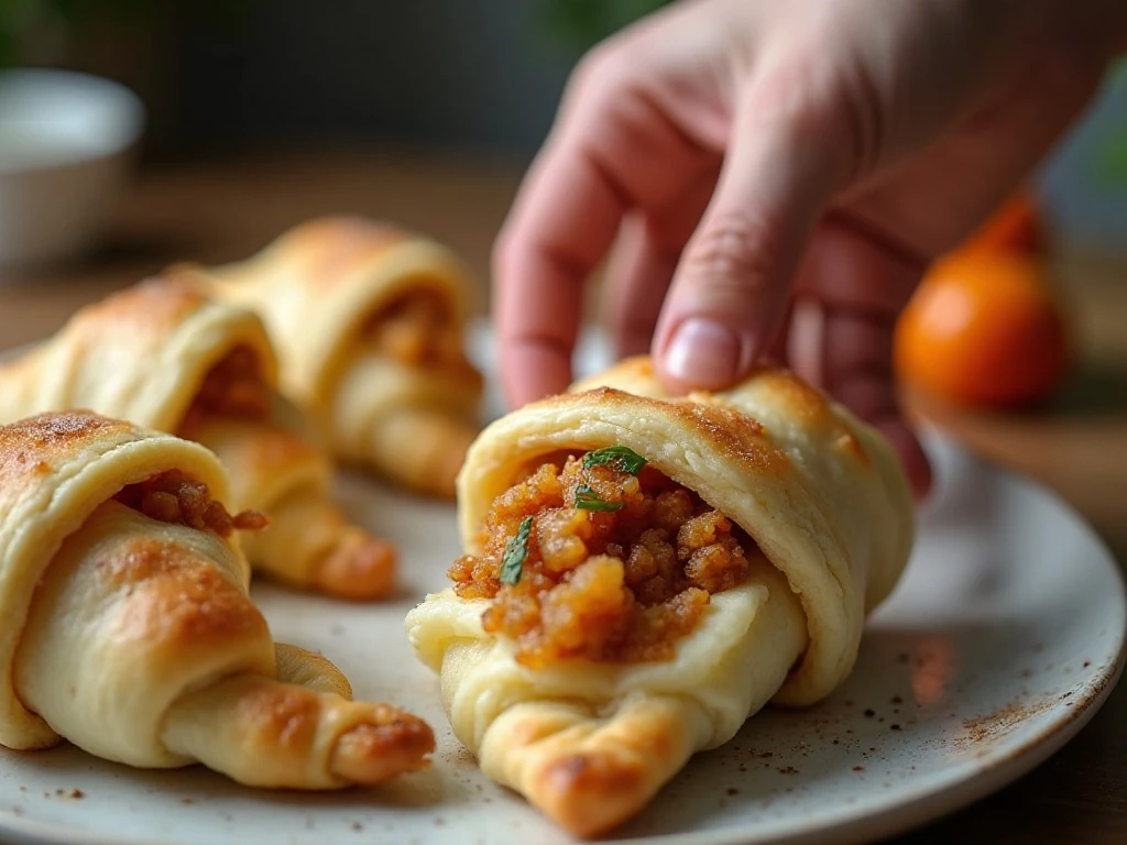 Filling crescent dough with Thanksgiving leftovers