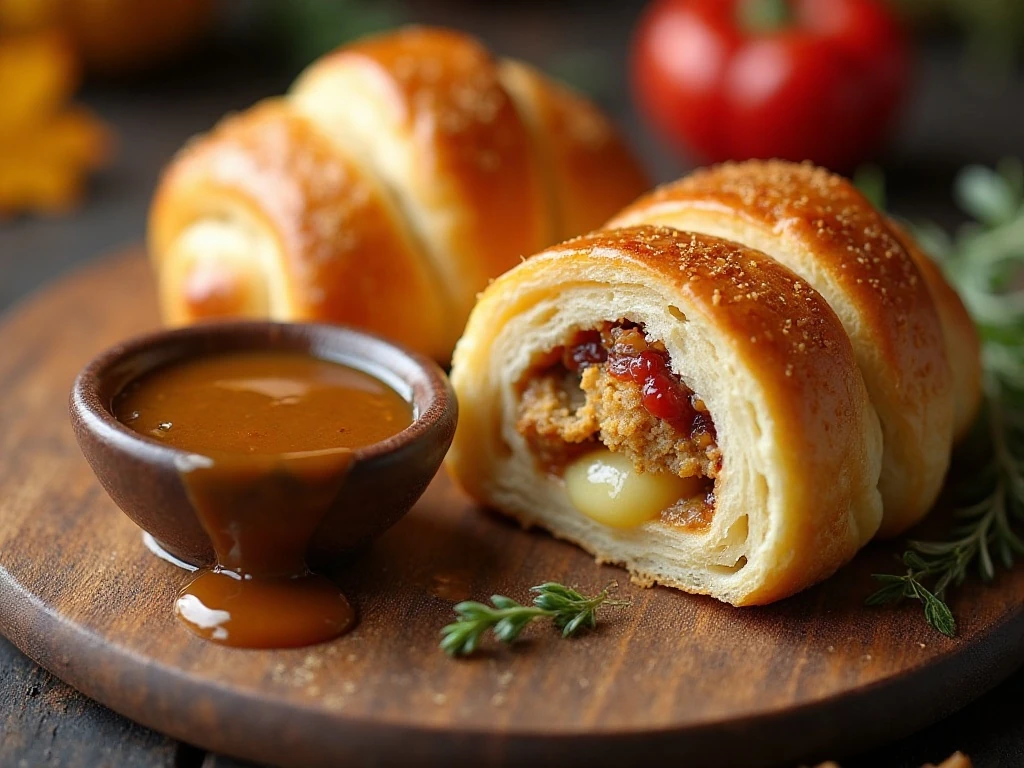Close-up of a stuffed Thanksgiving crescent roll with gravy