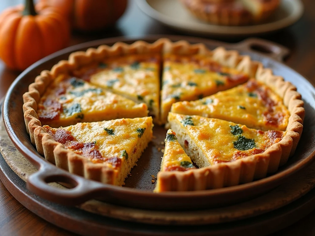 Golden Thanksgiving leftovers quiche served in slices