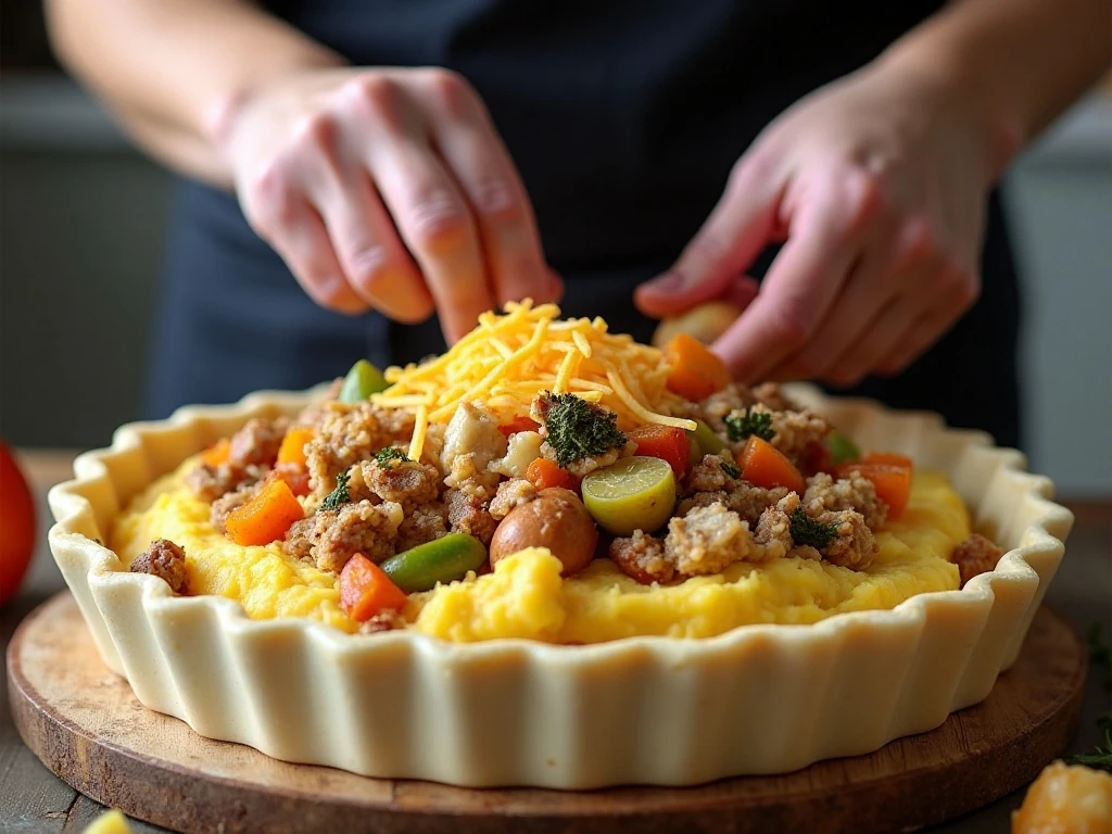 Layering Thanksgiving leftovers into a quiche crust