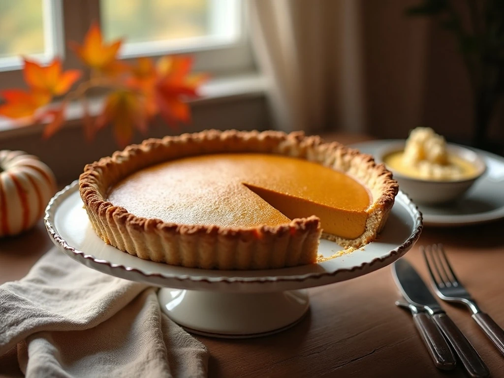 Whole maple pumpkin pie ready for Thanksgiving dessert