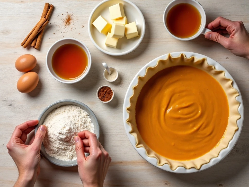 Ingredients for maple pumpkin pie arranged on a kitchen counter