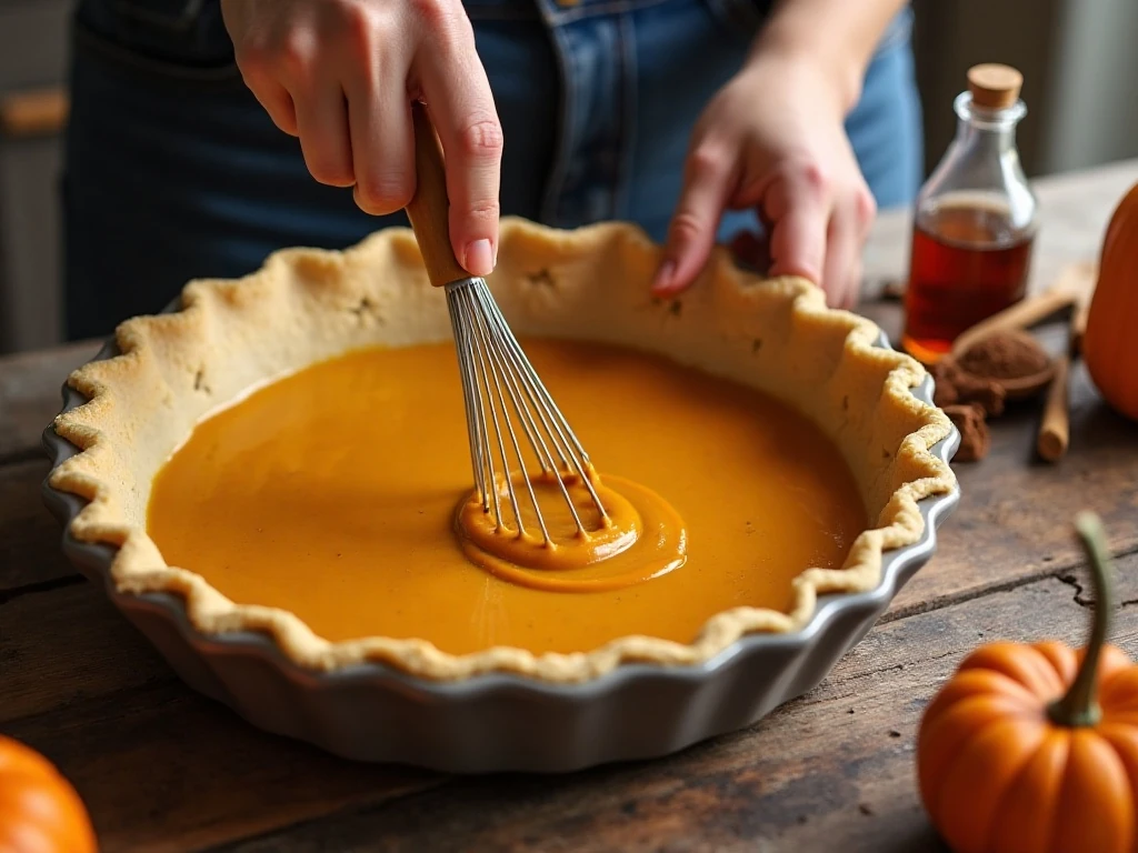 Whisking maple pumpkin pie filling before baking