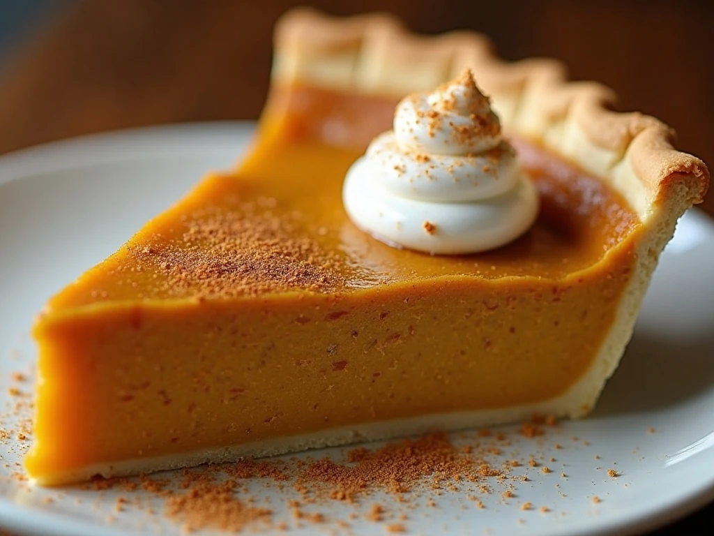 Silky maple pumpkin pie custard with whipped cream and nutmeg