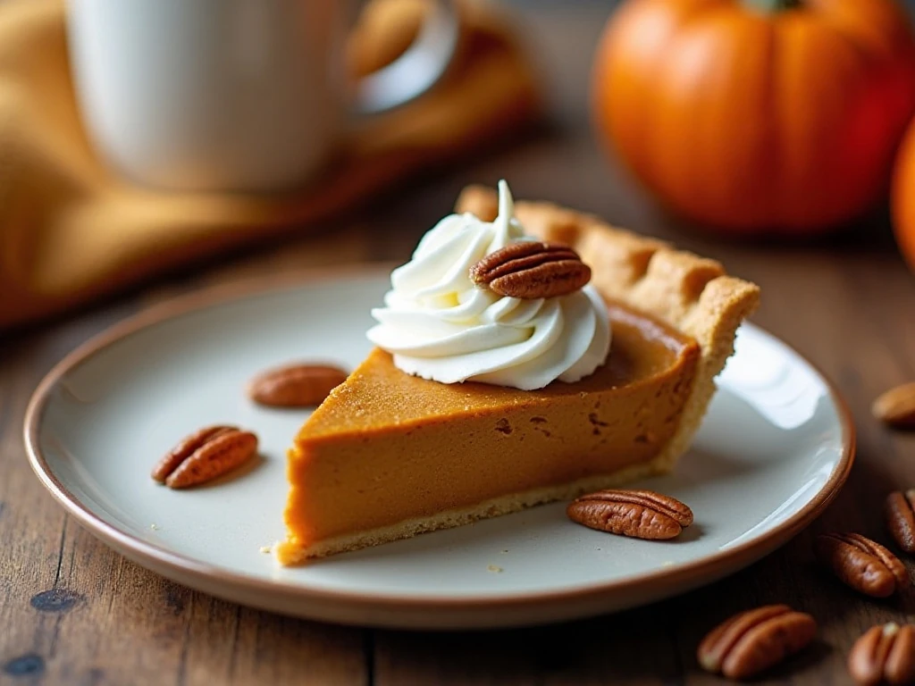 Slice of maple pumpkin pie served with whipped cream