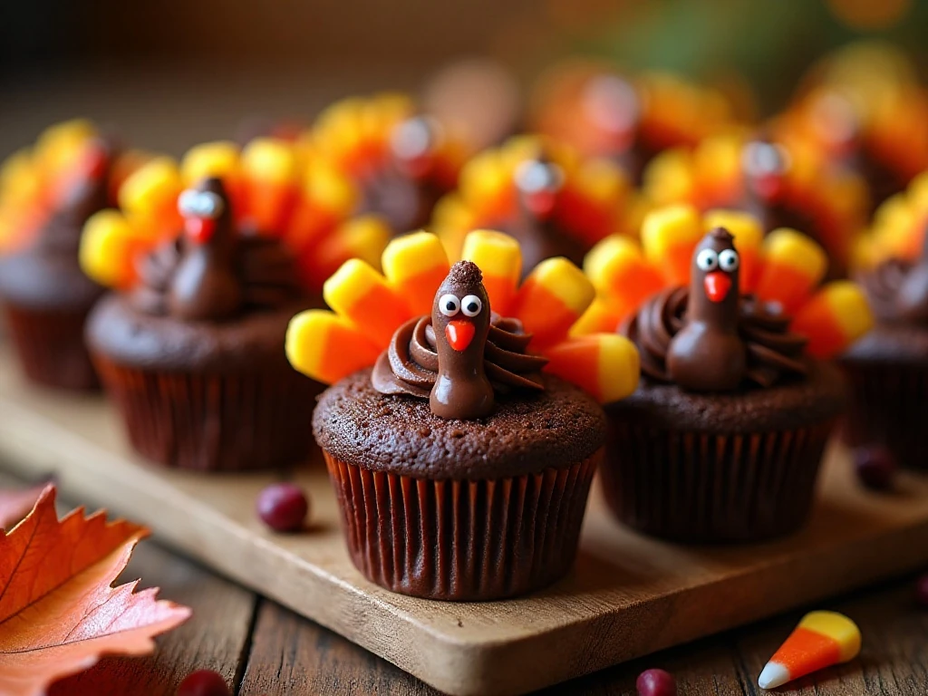 Festive chocolate Thanksgiving turkey cupcakes arranged on a serving platter