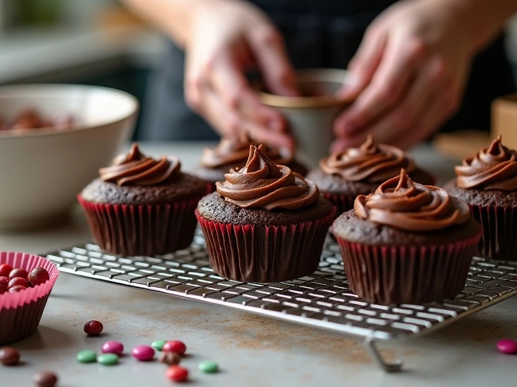 Chocolate cupcakes cooling before Thanksgiving turkey decoration