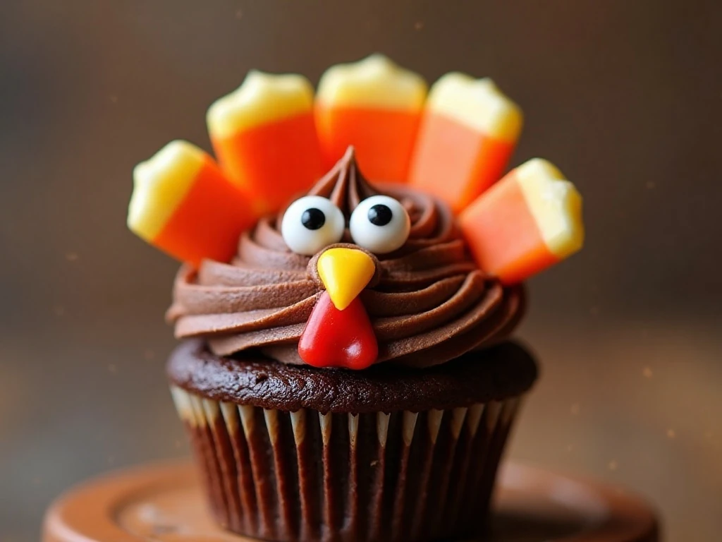 Close-up of candy corn feathers and turkey cupcake face decorations