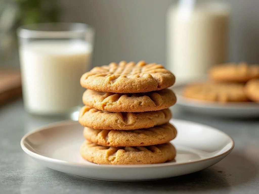 Stack of easy four-ingredient flourless peanut butter cookies with milk
