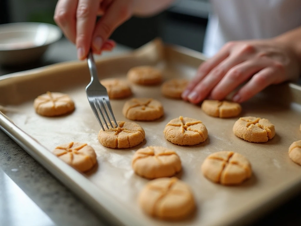 Fork pressing crisscross marks into peanut butter cookie dough