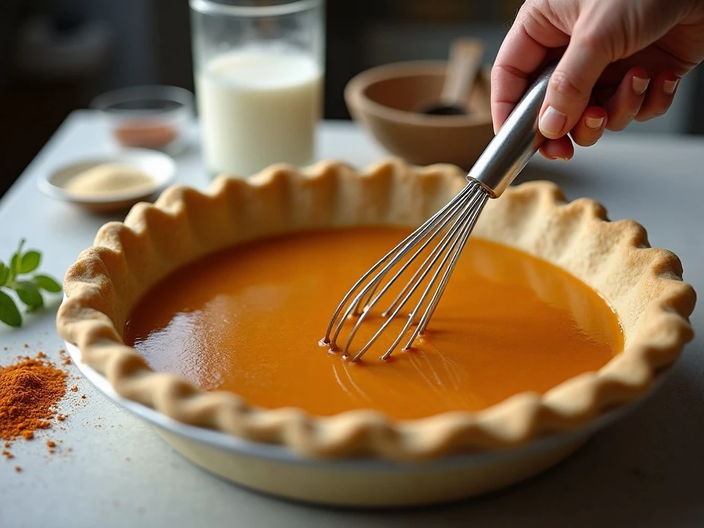Preparing smooth pumpkin pie filling before baking