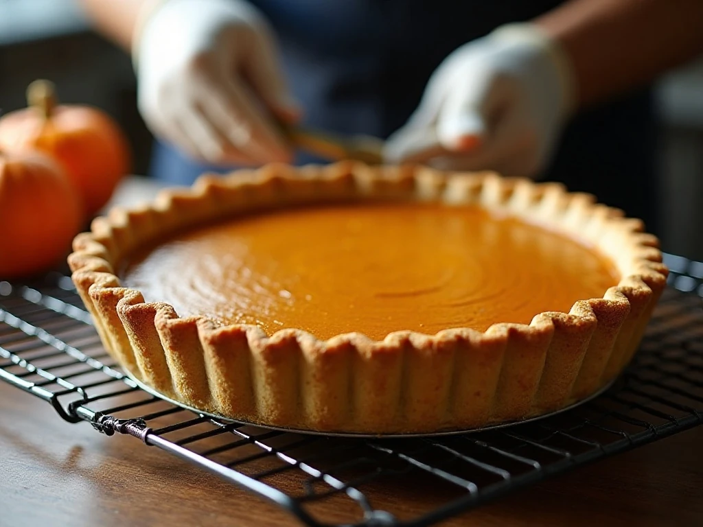 Freshly baked pumpkin pie cooling on a rack