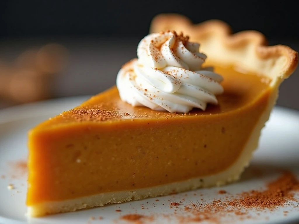 Perfectly spiced pumpkin pie slice with whipped cream
