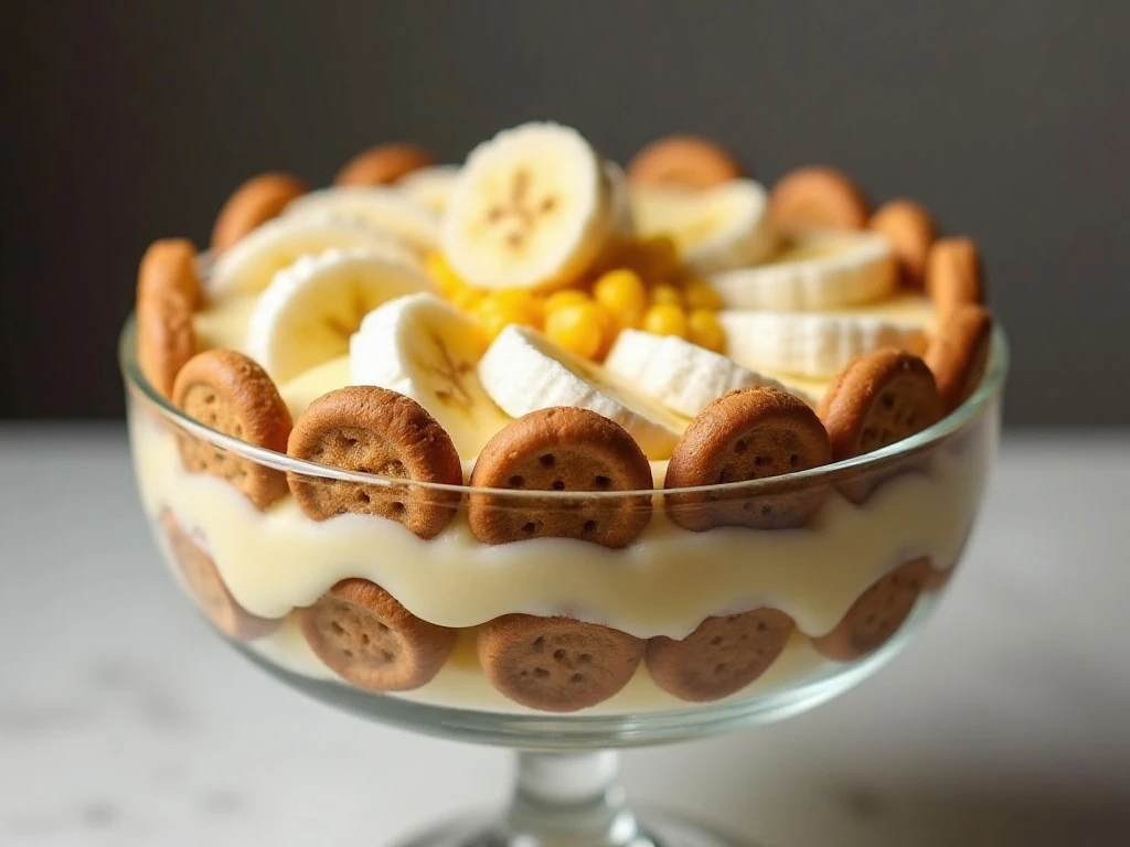 Banana pudding served in a clear trifle bowl