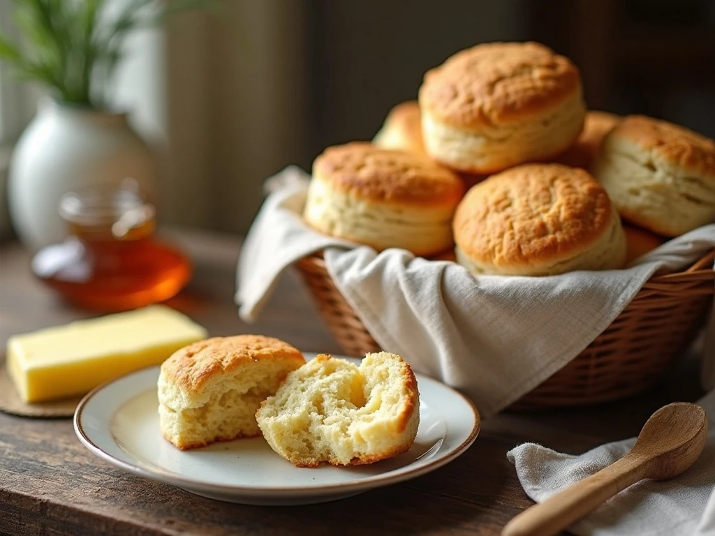 Fluffy homemade biscuits served warm with butter and honey