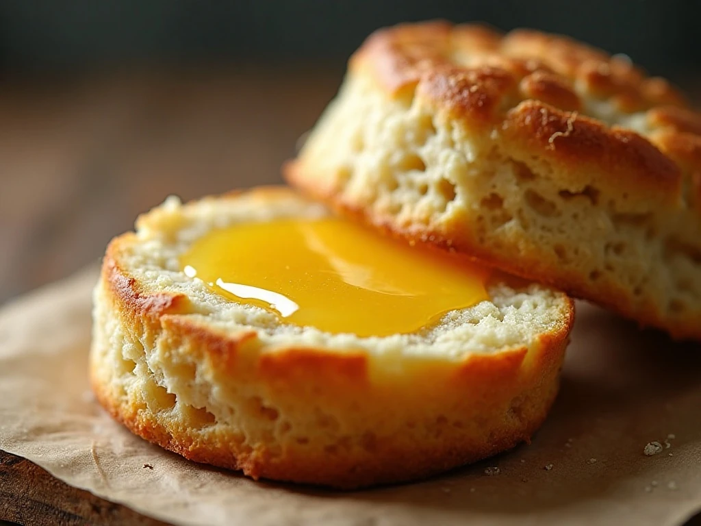 Warm biscuit split open with melting butter and honey