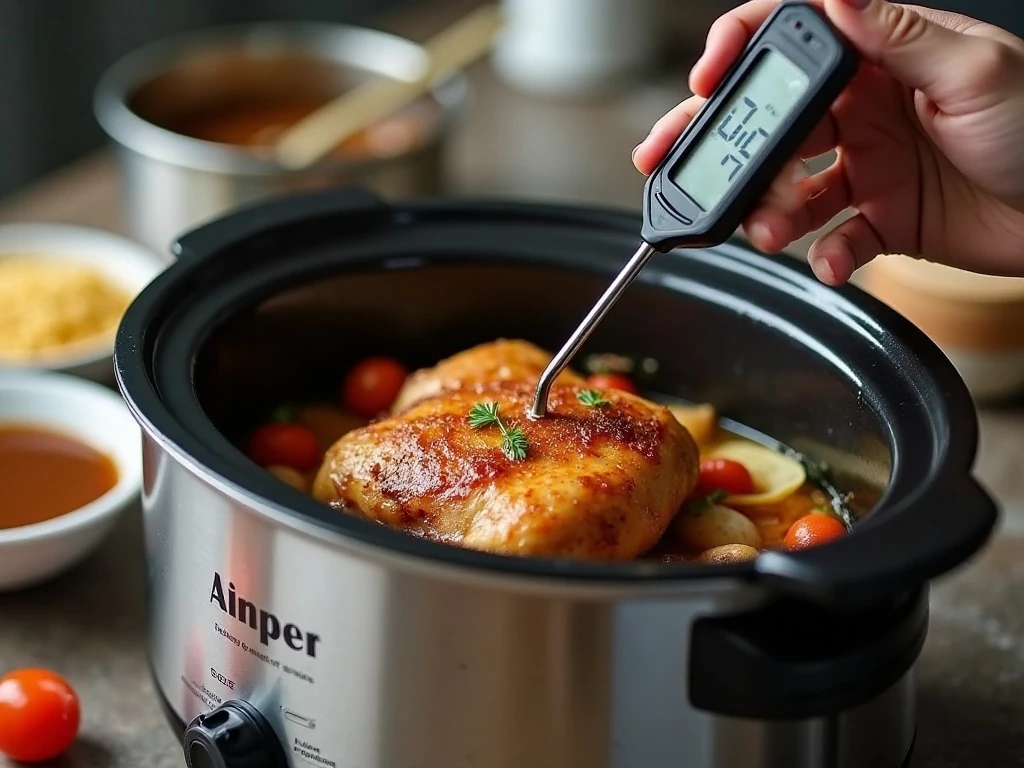 Checking chicken temperature in a slow cooker