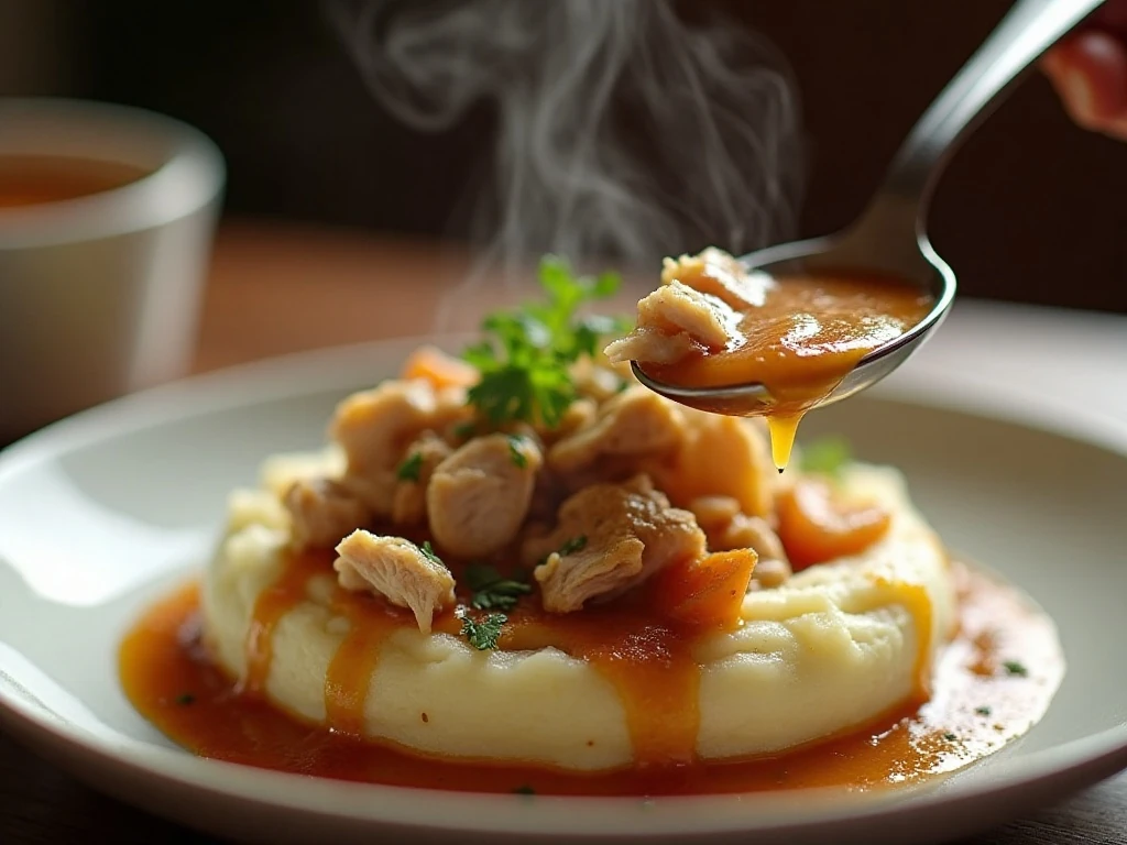 Crockpot chicken and gravy served over mashed potatoes