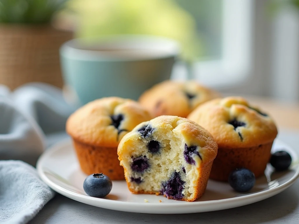 Platter of moist blueberry yogurt muffins served for breakfast