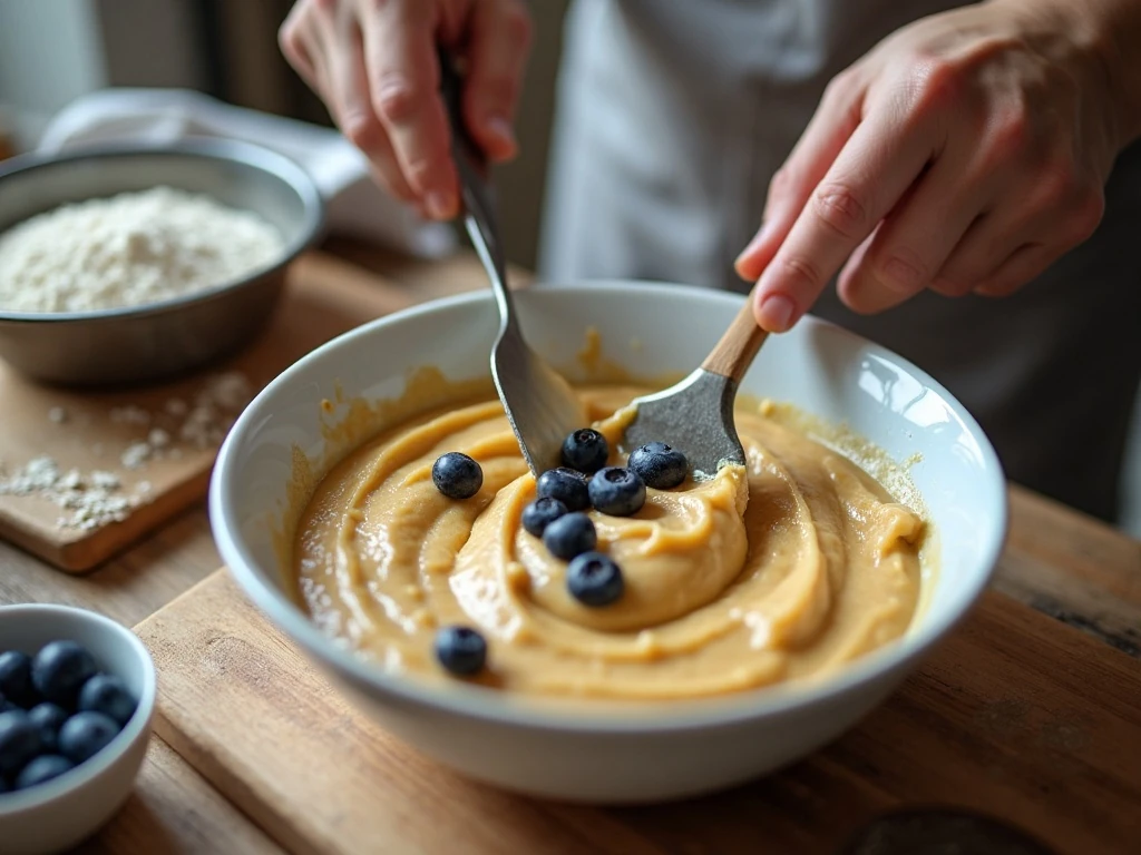 Folding blueberries into yogurt muffin batter